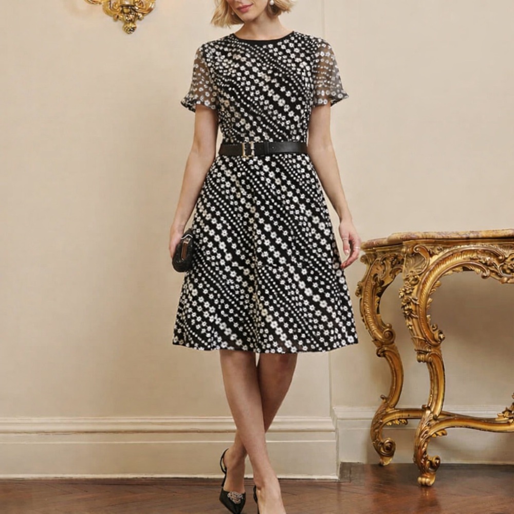 NWT Michael Michael Kors Embroiled Floral Dress Classic Black White 0
